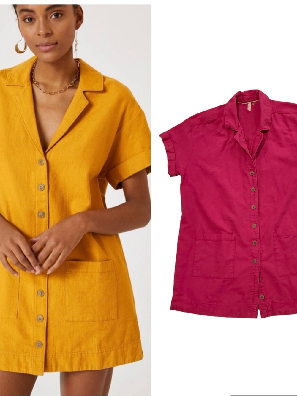 Anthropologie Pilcro Button Down Linen Shirt Dress Pink Pocket Short Sleeve Sz L